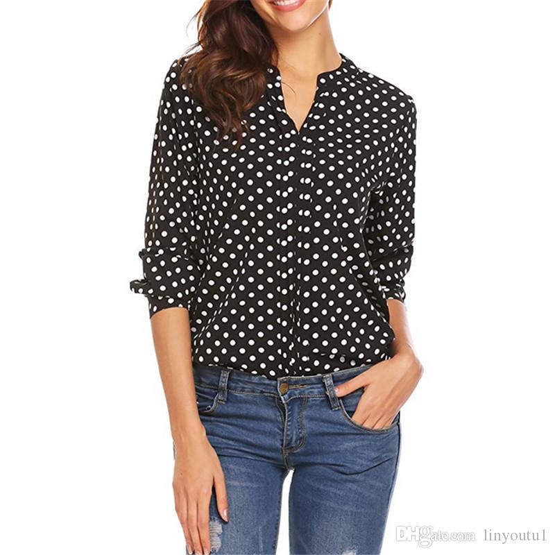 

Large size Women's Blouse 2020 spring new print small dot V-neck long-sleeved sleeves Shirt fashion casual loose ladies Blouse, 6#