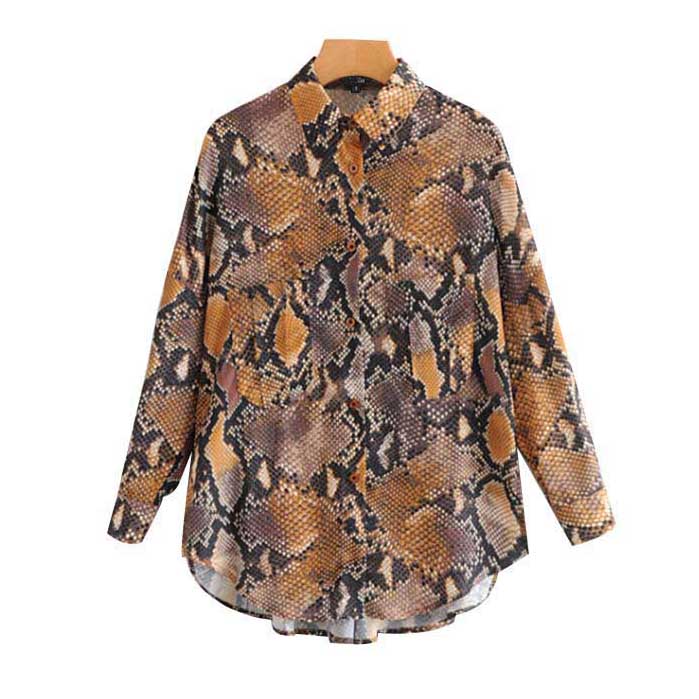 

stylish snake print loose blouse oversized long sleeve turn down collar shirts female casual pleated tops blusas, Beige