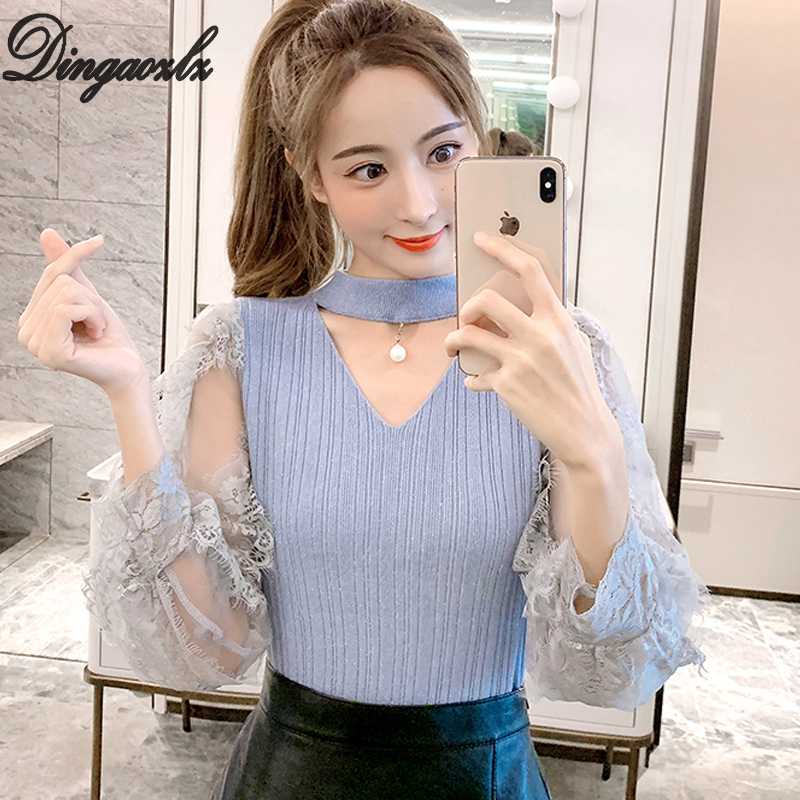 

Dingaozlz Elegatn Autumn Winter Kntited shirt long-sleeved lace Stitching Sweater V neck Casual Women Pullovers, Green