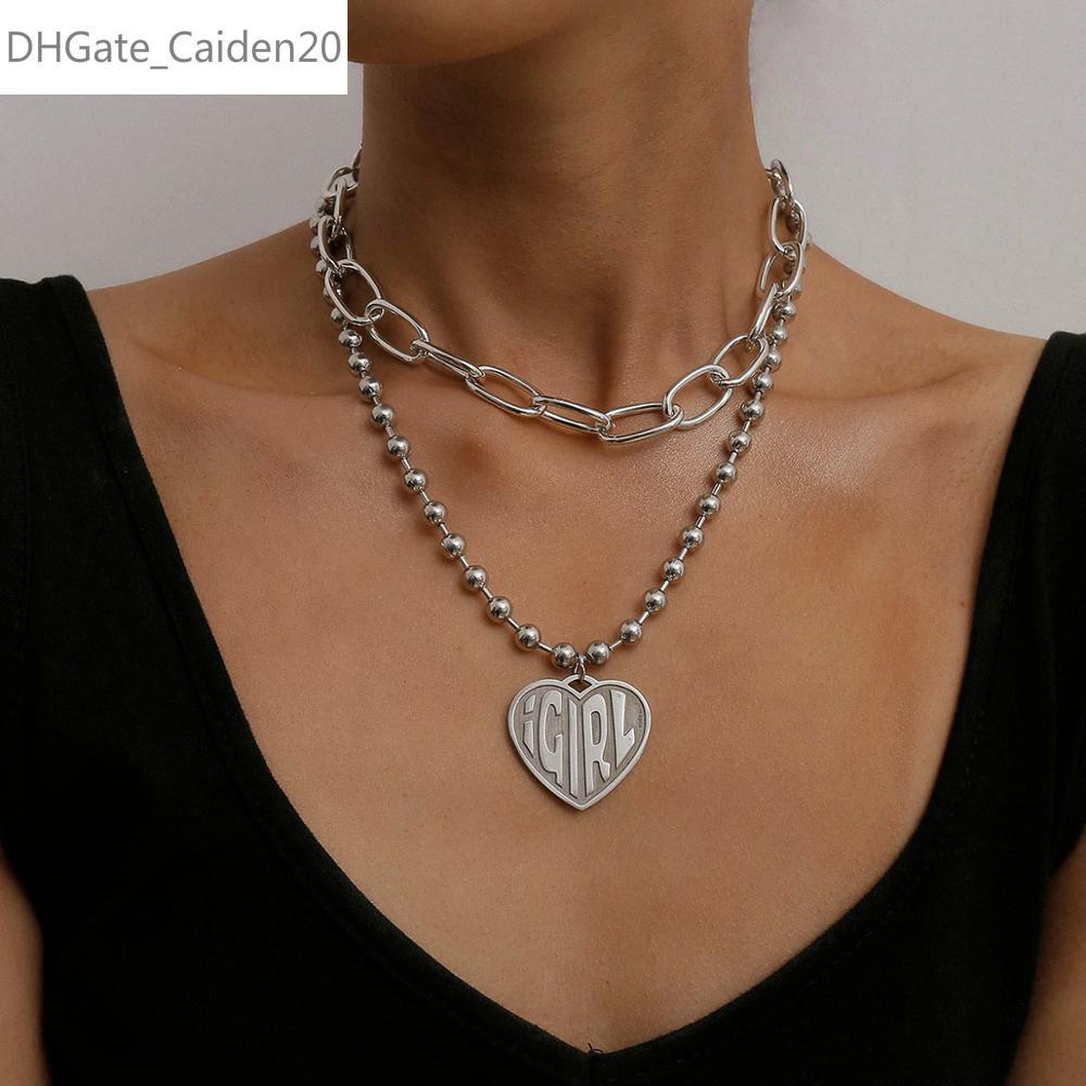 

2pcs/set Multi Layer Love Heart Carved Coin Pendant Necklace Silver Color Beaded Curb Cuban Choker Necklaces Jewelry