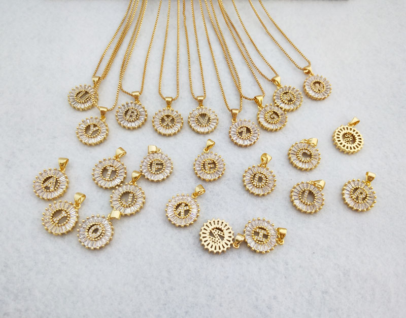 

Gold Color Round Micro Pave Crystal Cubic Zirconia 26 Letter Pendants Charms Necklace Jewelry making for woman NK348, Silver