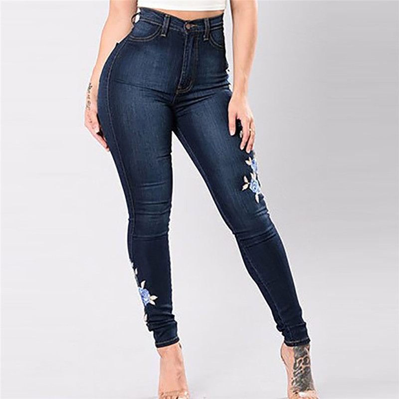 

Embroidery Fashion Jeans Women Streetwear Stretch Washed Jeans Female Mid Waist High Elastic Slim Sexy Pencil Pants E23, Navy