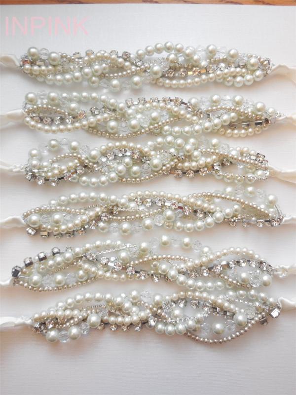 

Ribbon rhinestone ivory white champagne crystal braided twisted chunky statement pearl necklace bridesmaid bridal