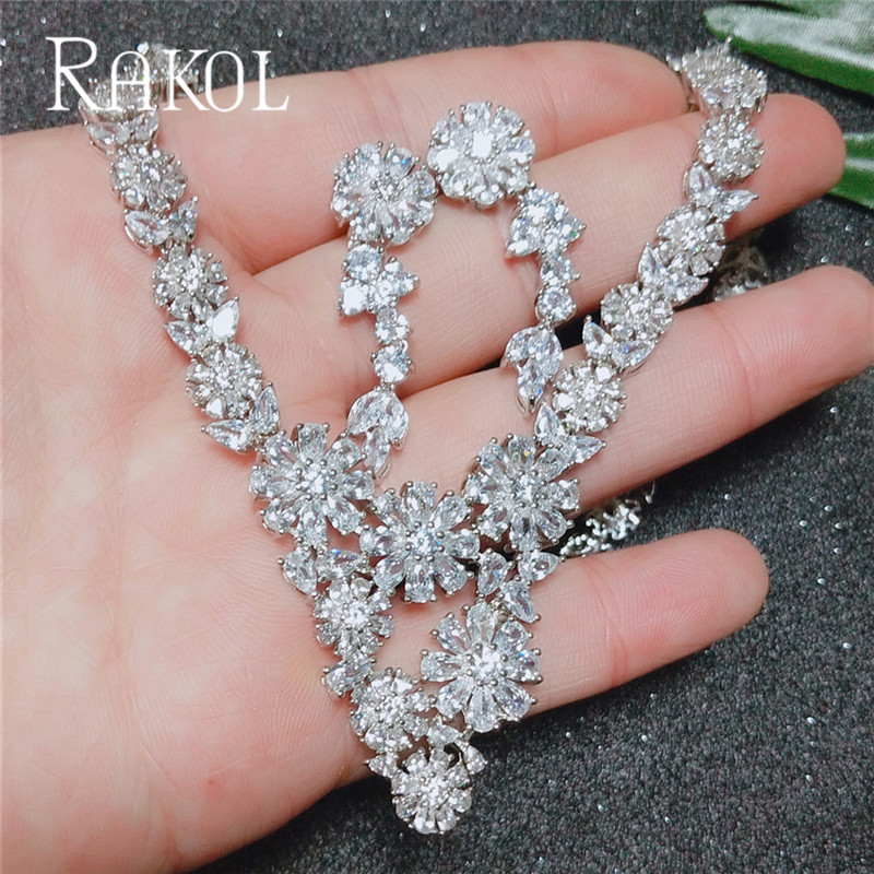

RAKOL Fashion Flowers Shape Earrings Necklace Jewelry Set with Shiny Cubic Zirconia For Women Wedding Dress RS2389K, As pic