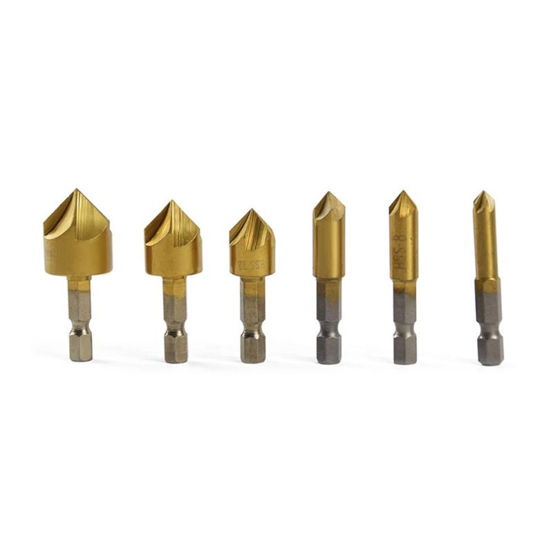 

6 Pcs 6mm 8mm 9mm 12mm 16mm 19mm Chamfer Countersink Set Chamferring Hexagonal Shank Five Edge Five Blade Tools