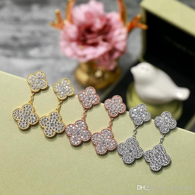 

Wholsale brand 925 sterling gold four leaf flower stud earrings for women white black red green mother shell clover jewelry