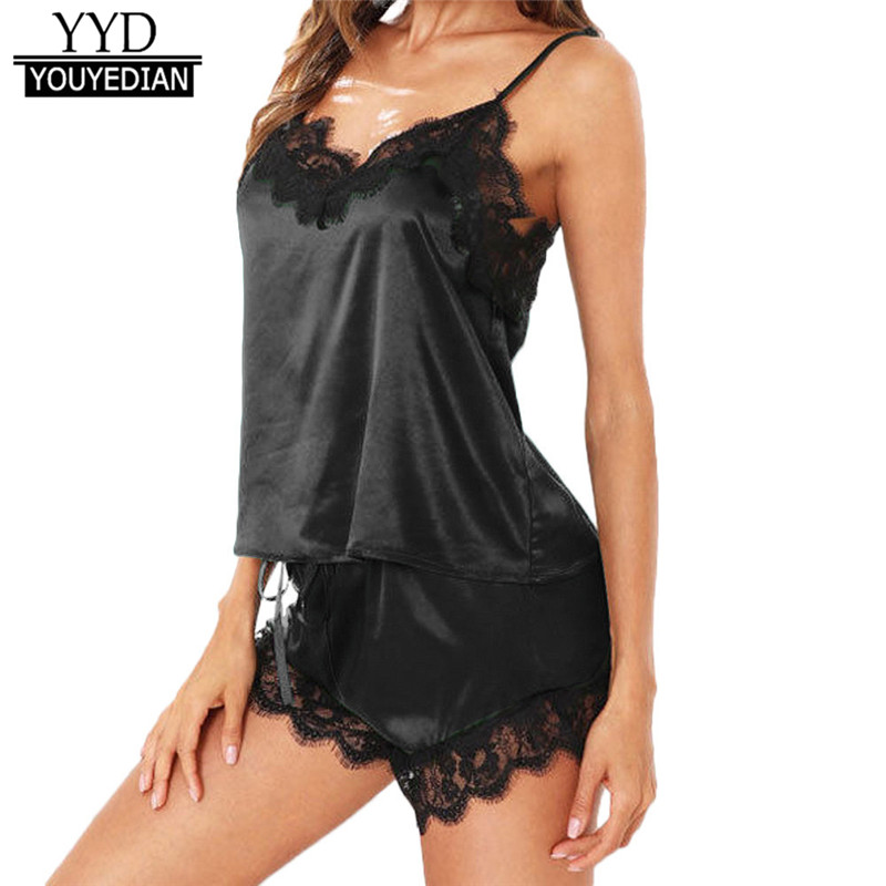 

Sexy Lingerie Women Sleepwear Sleeveless Strap Nightwear Lace Trim Satin Cami Top Sets Underwear New Style NightGowns Sleepwear, Green