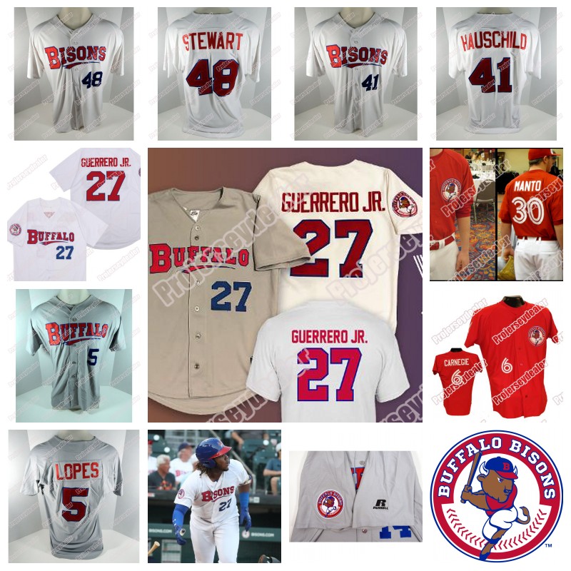 

Buffalo Bisons 27 Vladimir Guerrero Jr. 5 Timmy Lopes 41 Mike Hauschild 48 Zach Stewart 14 Luis Santos 33 Justin Shafer Baseball Jersey, Red as picture