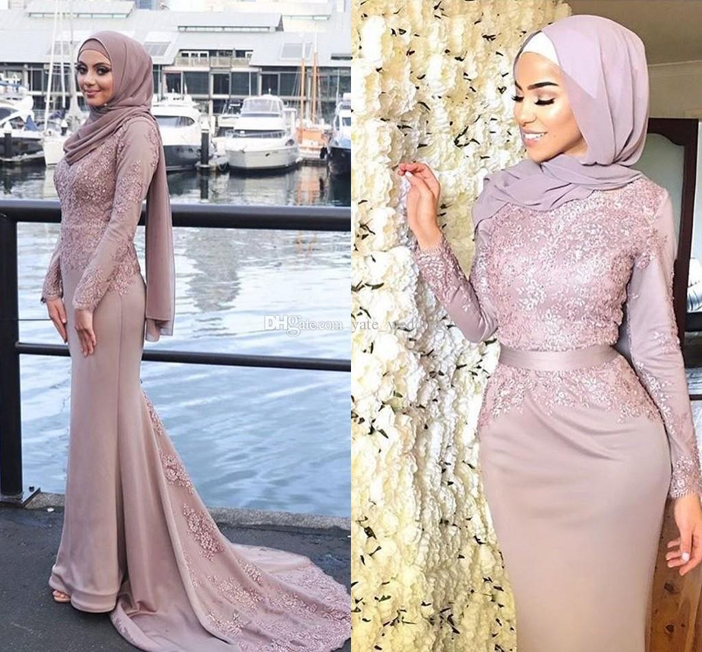

100% Real Image Dusty Pink Muslim Mermaid Evening Dresses Appliques Satin Long Sleeves Prom Dresses Formal Gowns Sweep Train, Purple