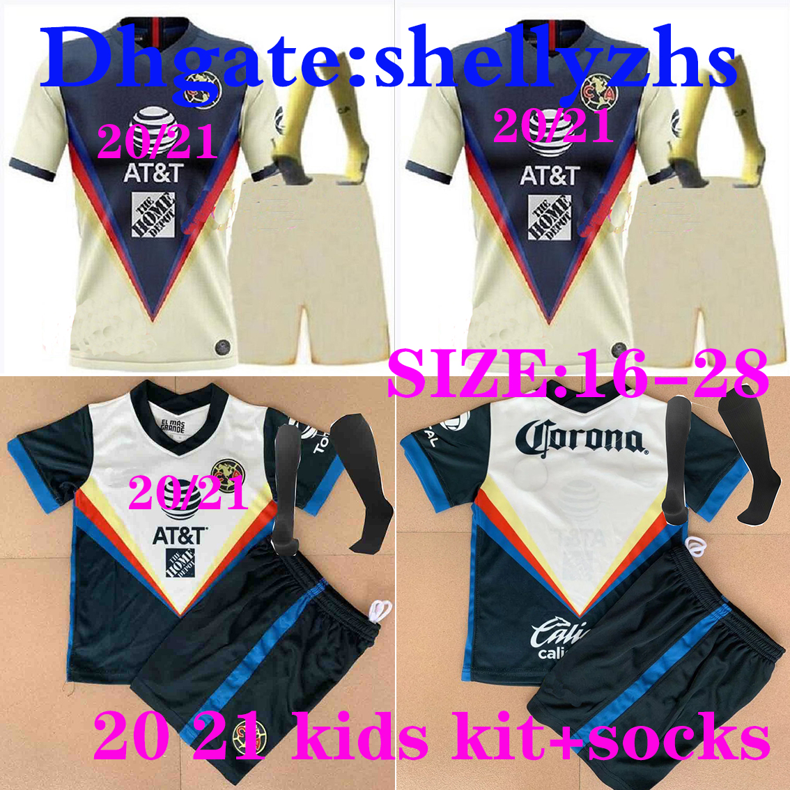 

kids kit+socks G. Dos Santos 20 21 boys home America Yellow jersey soccer R.SAMBUEZA shirts 2020 2021 Mexico club Football youth uniform set, Blue