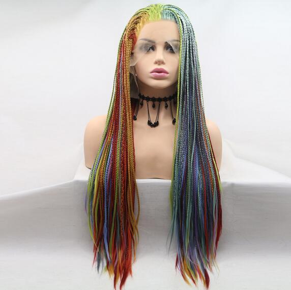 

Big price cut | The most popular latest star hairstyle European and American rainbow color braid hair front lace synthetic fiber wig, Photo color