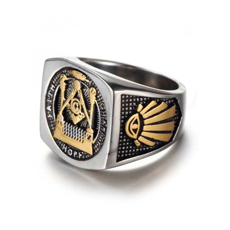 

New Vintage Stone Stainless Steel Rings For Men Women Free Mason Freemasonry Retro Punk Gold Color Titanium Male Ring Masonic Jewelry