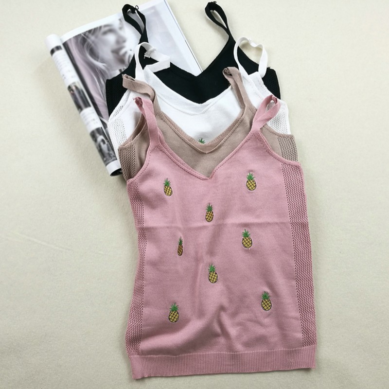 

New summer casual knit camisole fruit print slim bottoming versatile blouse, Khaki