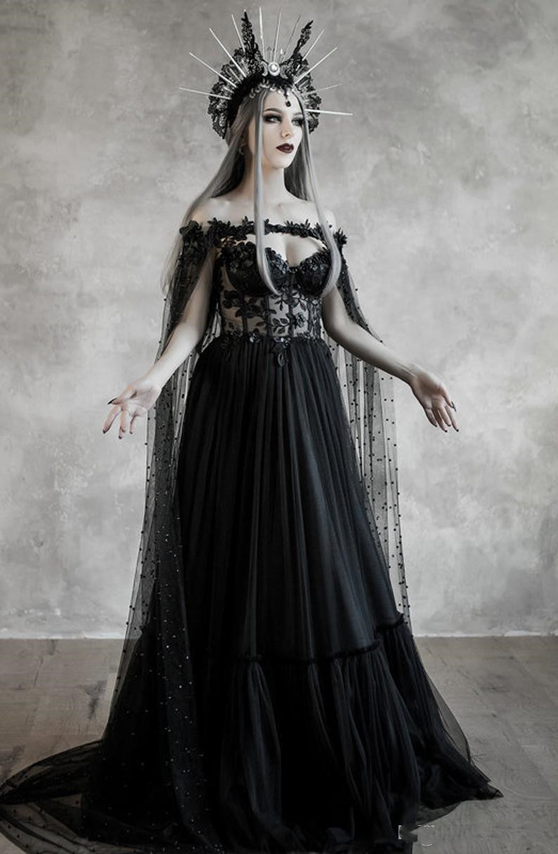 

Black Wedding Dresses With Wrap Lace A Line Sweep Train Vintage Gothic Wedding Dress With Pearls Cape Custom Made Bohemia Bridal Gowns, From color chart