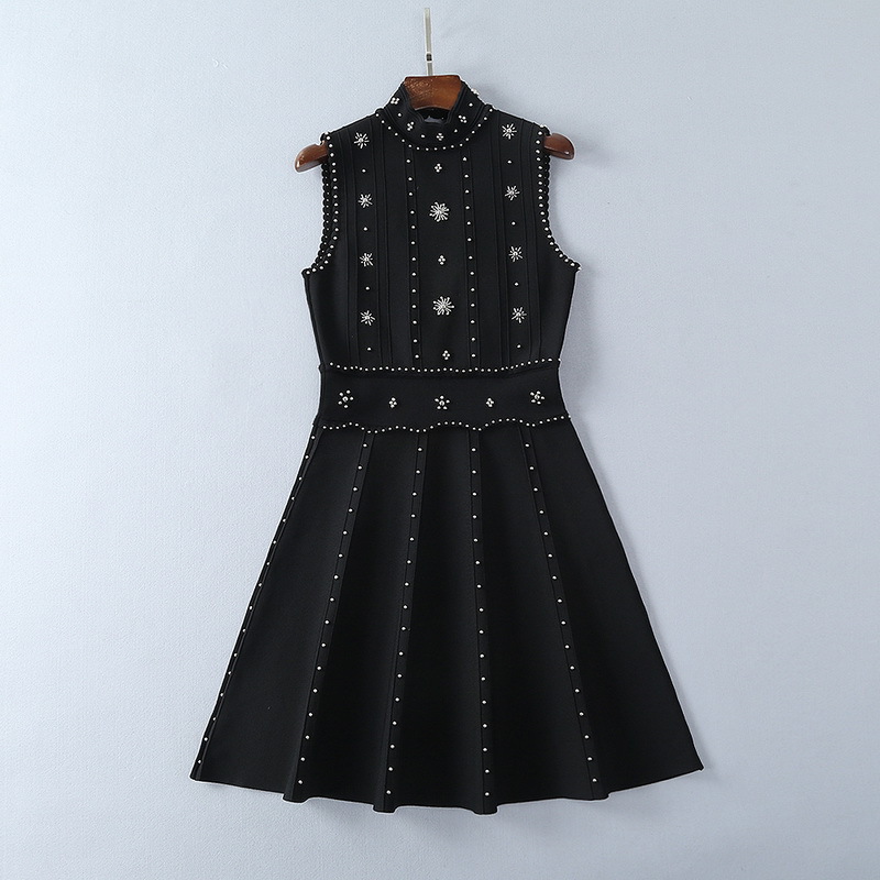 

610 Runway Dress Brand Same Style Dress Sleeveless Crew Neck Beads Kint Womens Clothes Luxury Fashion Dress SH, Customize