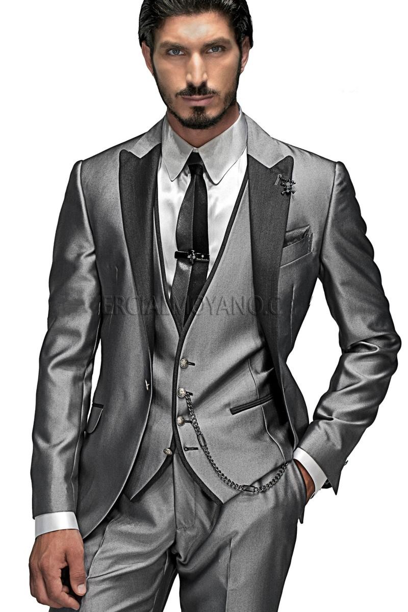 Brand New Grey Groom Tuxedos Black Peak Lapel Groomsmen Mens Wedding Dress Style Man Jacket Blazer 3 Piece Suit(Jacket+Pants+Vest+Tie) 863