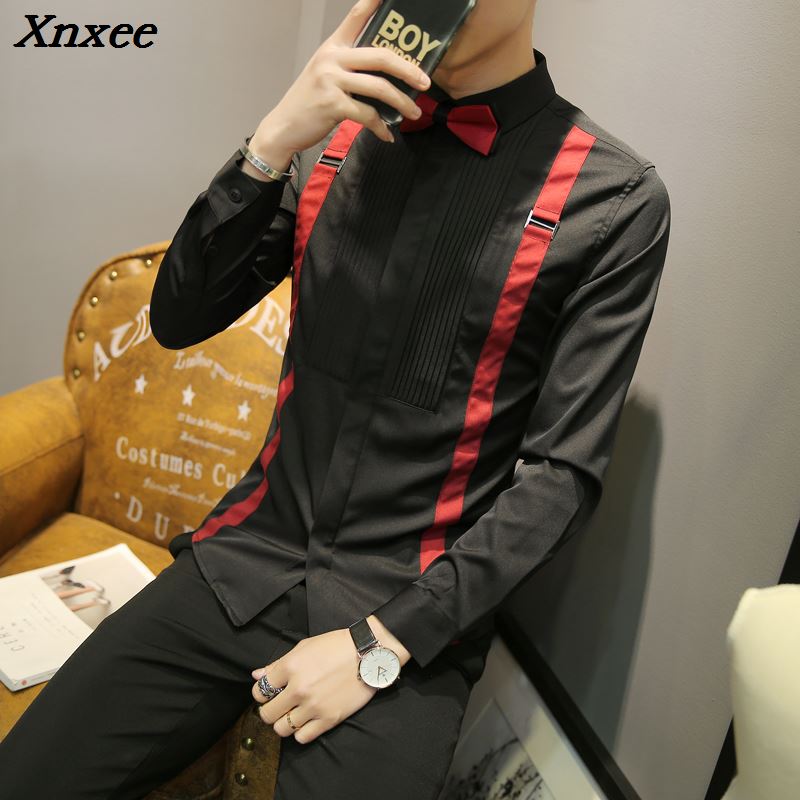 

Camisa Masculina Social Slim Fit British Style Shirts Mens Black White Dinner Dress Shirts Formal Tuxedo Shirt Club Outfits, Black bow tie