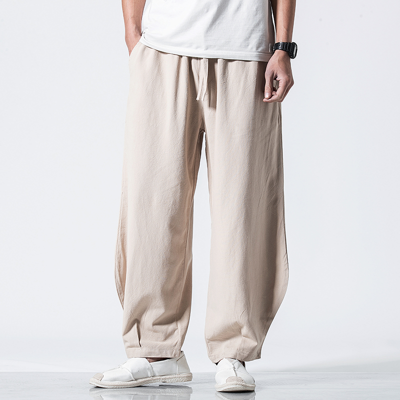 

Plus Size Elastic Waist Loose Wide Leg Pants men's Cotton Linen Vintage Solid Baggy Harem Pants Trousers Pantalon 5XL 6XL 7XL, Gold