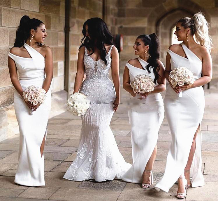 

One Shoulder White Mermaid Bridesmaid Dresses Side Split Floor Length Garden Country Wedding Guest Evening Party Gowns Maid of Honor Dress, White;pink