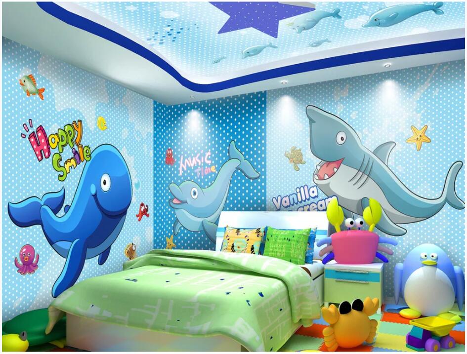 

custom photo 3d wallpaper Cartoon hand drawn dolphin shark Whole house background wall home decor 3d wall murals wallpaper for walls 3 d, Non-woven wallpaper