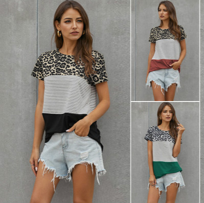 

Womens Leopard Stripe Short T-shirt Girls Hit Color Round Neck Short Sleeve Plus Size Tops Women Casual Splice T-shirts 2020 Summer Hot, Black
