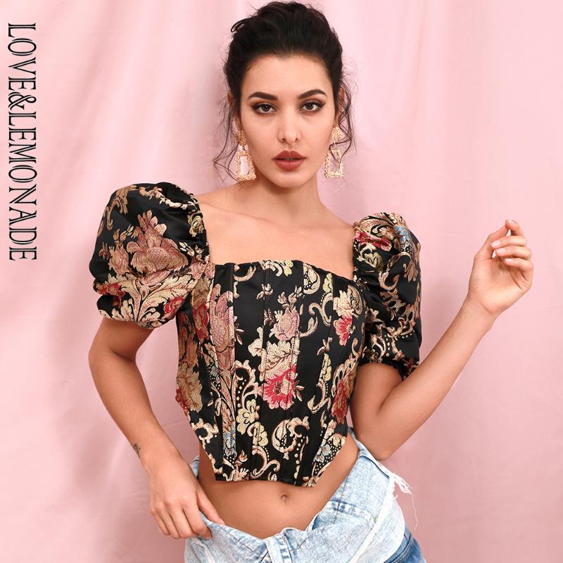

LOVE & LEMONADE Bandeau Vintage Print Bubble Short Sleeve Top LM90209, Black