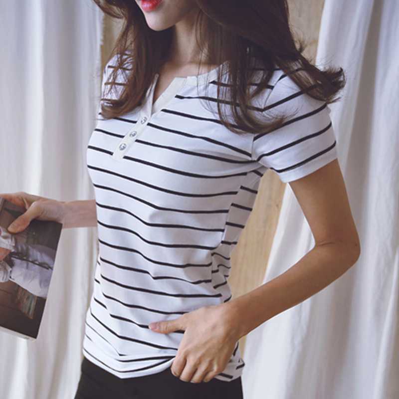 

5XL Loose Blouse Shirt Women 2020 Summer Top Shirts V-neck Short Sleeve Casual White Striped Plus Size Cotton Tee Femme #b985, Blue