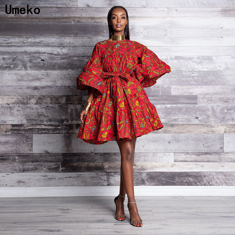 

Umeko Fashion Women Summer O-Neck Tribal Nation Style Sexy Bubble Dress Butterfly Sleeve Floral Print African Dress For Women, Blue