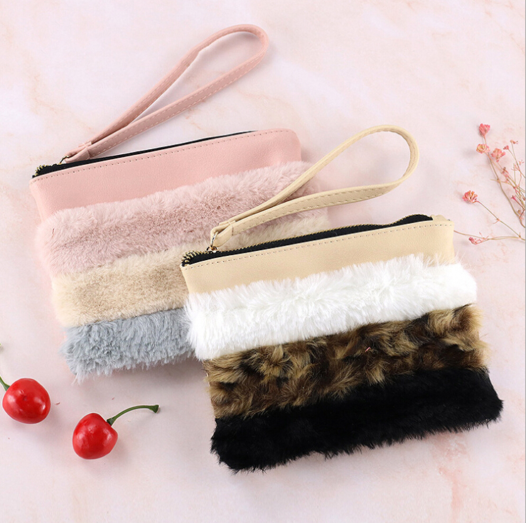 

Women Fur Cosmetic Bag Large Capacity Storage Bag Travel Multi-function Girl Plush Makeup Pencil Zipper Box, Yellow