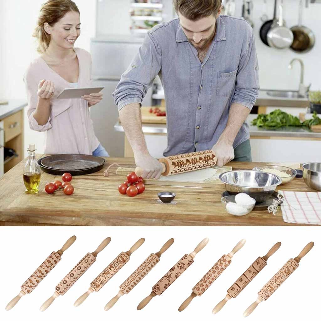 

Christmas Rolling Pins Rock Snowflake Elk Wooden Rolling Embossing Baking Cookies Biscuit Fondant Cake Patterned Roller #20