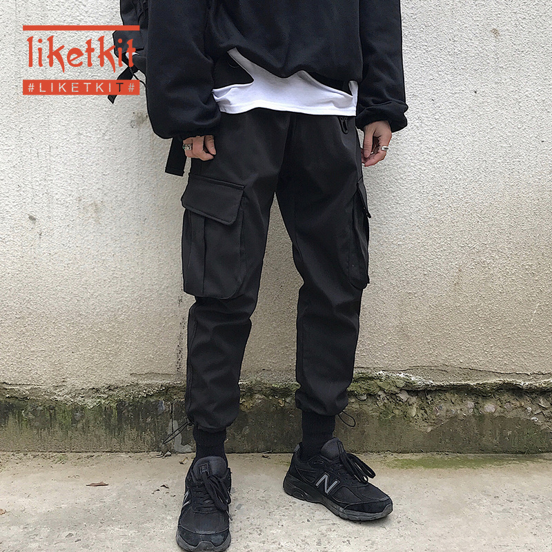 

Liketkit Men Black Cargo Pants 2020 Mens Solid Pockets Hip Hop Joggers Pants Male Casual Vintage Track Harem Streetwear