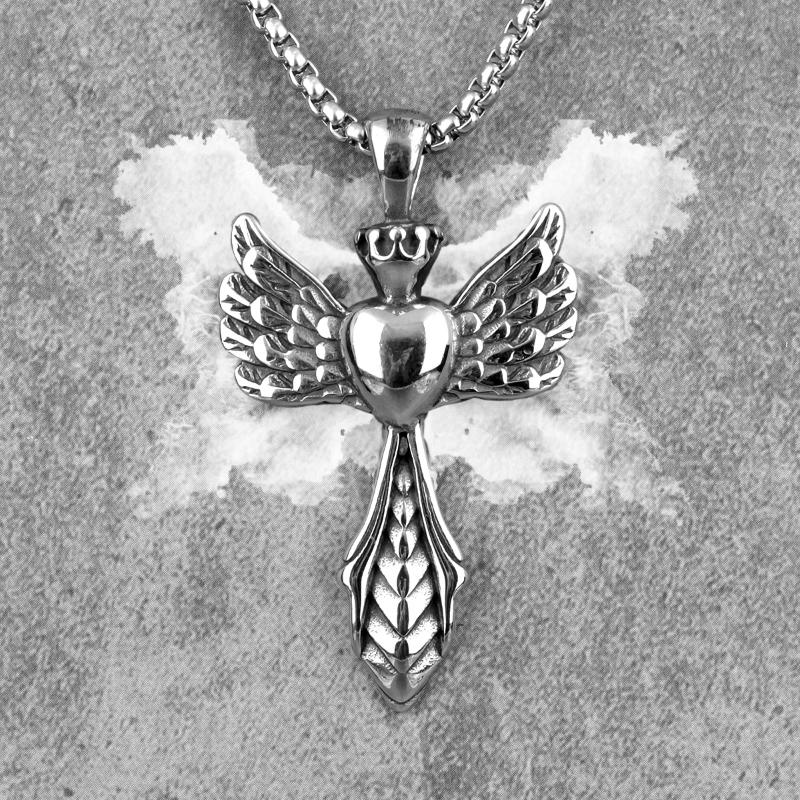 

Pendant Necklaces Stainless Steel Heart Wing Cross Long Men Pendants Chain Punk For Boyfriend Male Jewelry Creativity Gift Wholesale