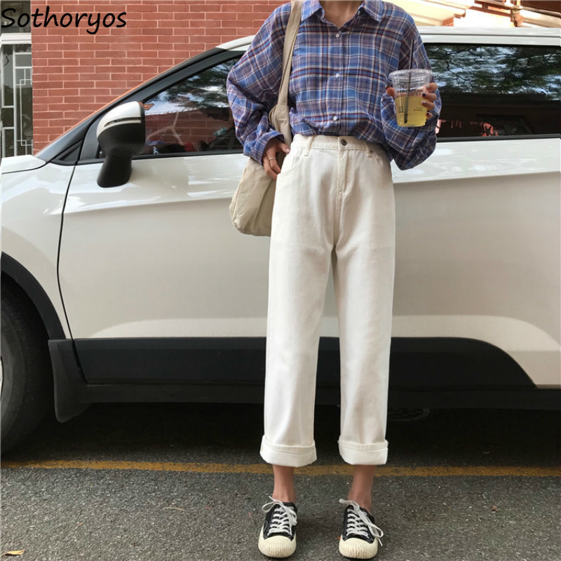 

Jeans Women Solid Simple Trendy All-match 2019 Korean Style Loose High Waist New Students Straight Womens Trousers Chic, Blue