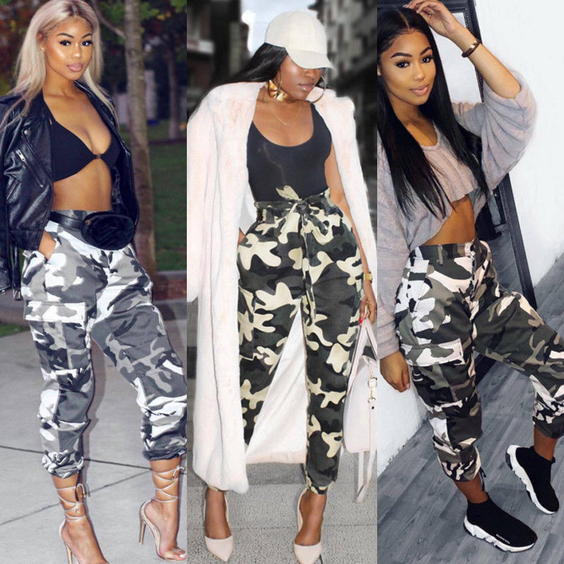 

Harajuku Women' Fashion Camo Cargo Trousers Streetwear Ladies High Waisted Casual Pants Army Combat Camouflage Pants, Black