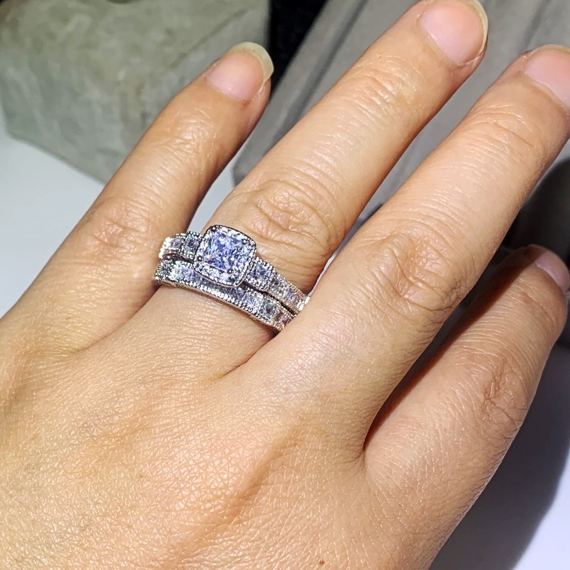 

Vintage Jewelry Couple Rings 925 Sterling Silver Princess Cut White Topaz CZ Diamond Gemstones Party Women Wedding Bridal Ring Set Gift
