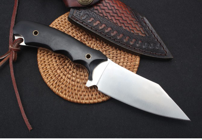 

High Quality Survival Straight Hunting Knife D2 Satin Blade Full Tang Ebony Handle Fixed Blades Knives With Leather Sheath