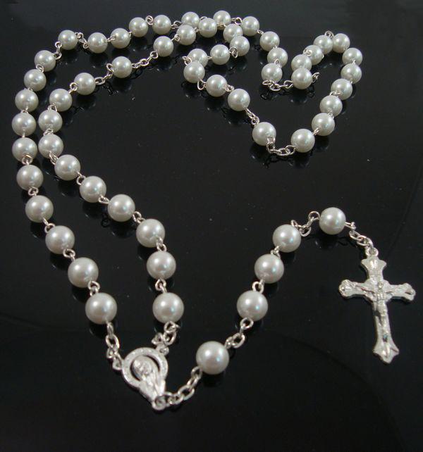 

Mens Silver Rosary Necklace Women Pearl Beads White/Black Crystal Rosary Cross Beads Pendant Necklace 6MM Fashion Jewelry 5921