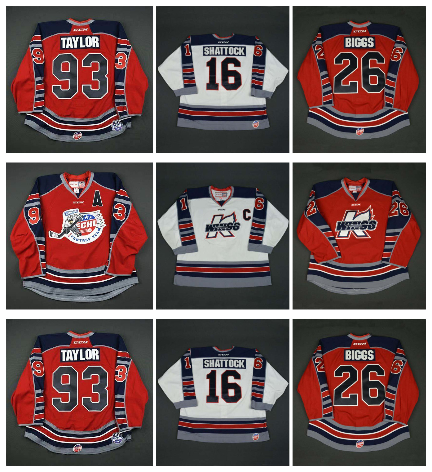 

Vintage ECHL Kalamazoo Wings Jersey 16 Tyler Shattock 26 Tyler Biggs 93 Justin Taylor Custom Any Name Number CCM Hockey Jerseys