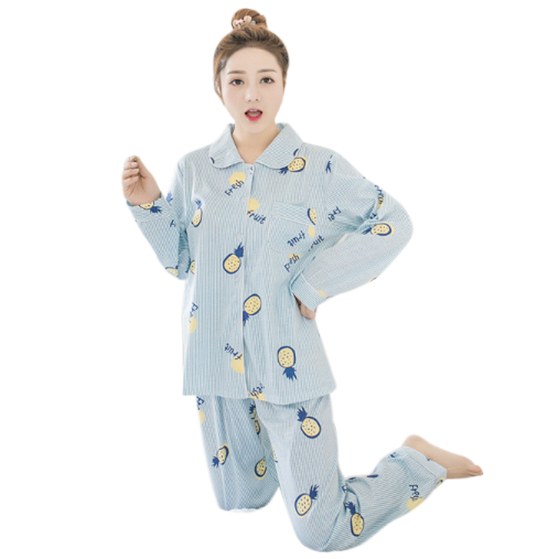 

Women Autumn 2-pcs Long Sleeve Turn-down Collar Sleepwear Pineapple Print Pajamas Casual Home Wear