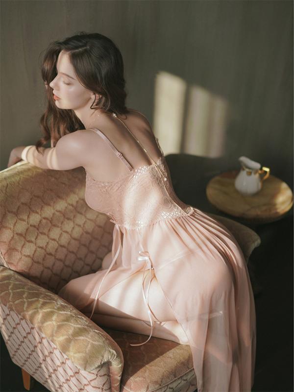 

Summer Women Nightgown Long Slit Night Dress Private Home Clothes Thin Lace Gauze Mesh Temptation Perspective Sexy Sleepwear, Pink
