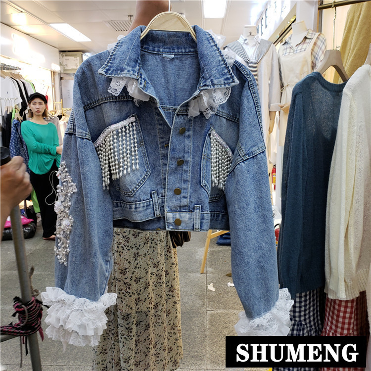 

Heavy Hand-stud Beaded Gauze Lace Embroidered Short Denim Coat Women 2019 Autumn New Diamond Tassel Jeans Jacket Outwear, Blue