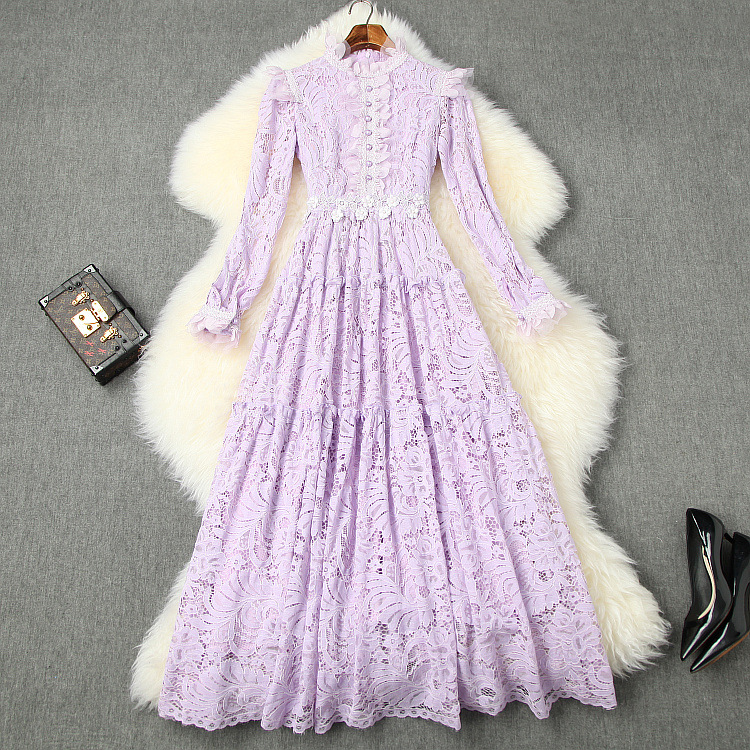 

Spring 2020 for European and American women' wear Long sleeve collar Lace nail bead petals Fashionable purple dress