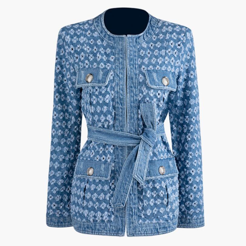 

Bandage Belt Hollow Out Button Denim Jacket Spring O Neck Long Sleeve Women Coat Fashion Tide High street Jeans Outerwear w424, Blue