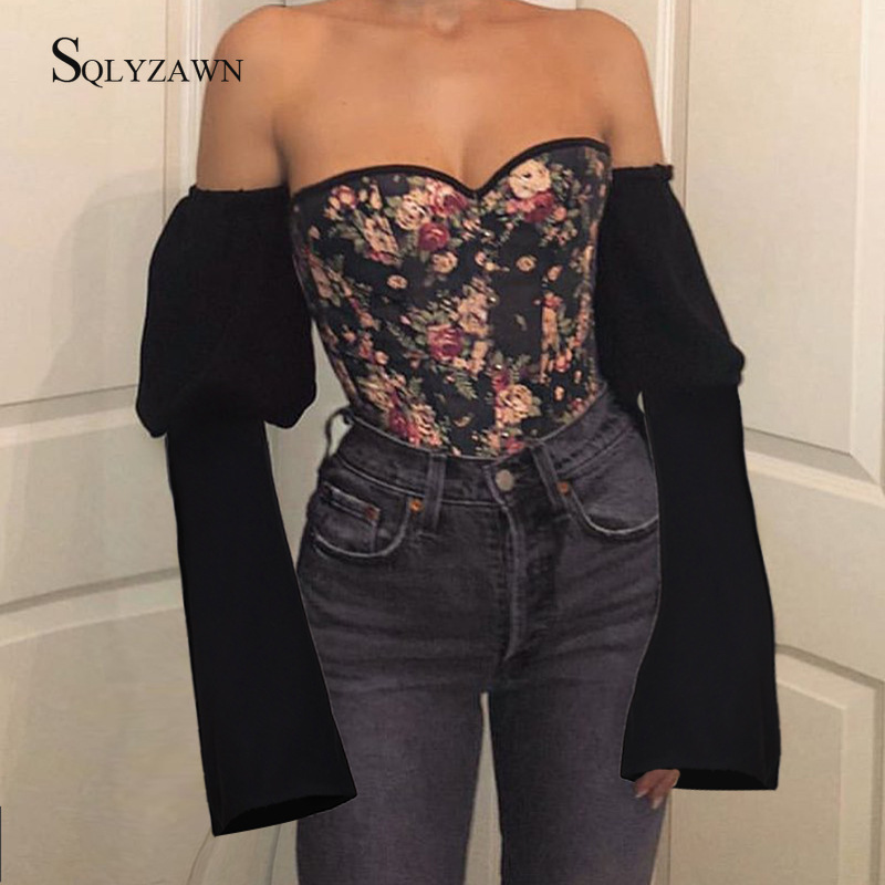 

Vintage Lantern Flare Long Sleeve Denim Corset Top Women Flower Print Back Lace Up Black Bodycon Shirt Sexy Off Shoulder Clothes