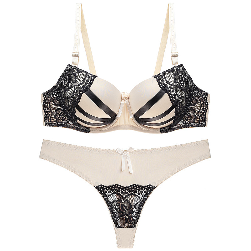 

New 2020 Sexy Thongs Women Bra Set Push Up Lace Underwear Set Intimate Plus Size Hollow out Bra Brief Set, Beige