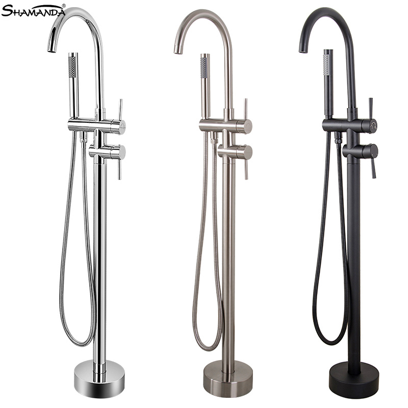

SHAMANDA Bath Solid Brass Chrome Nickel Brushed Black Bathtub Floor Stand Faucet Mixer Tap 360 Rotation Spout With Handshower