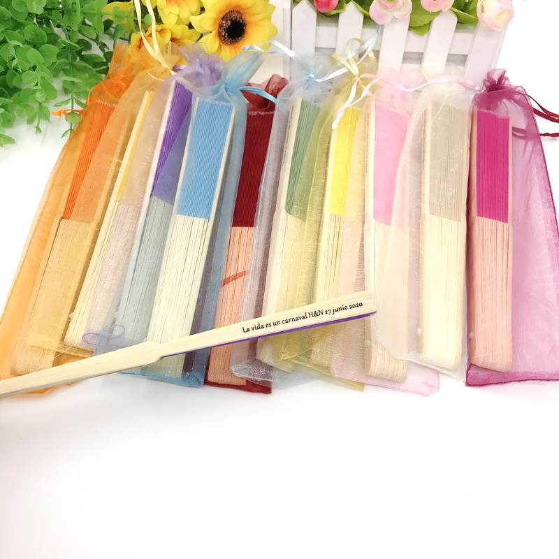 

50PCS Mix Color Wedding Fan in Organza Bag with Custom Printing Name&Date Party Decoration Supplies FREE SHIPPING