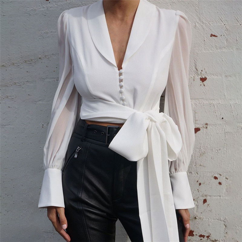 

Women' Blouses & Shirts Elegant Blouse Women Autumn Long Sleeve Ruffles Solid Vintage Bandage Top Womens Tops And, White