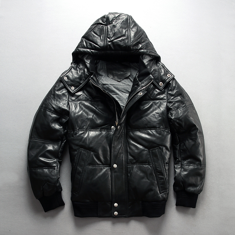 

down fashion winter solid real genuine leather jacket men black sheepskin thick coats casual short clothing