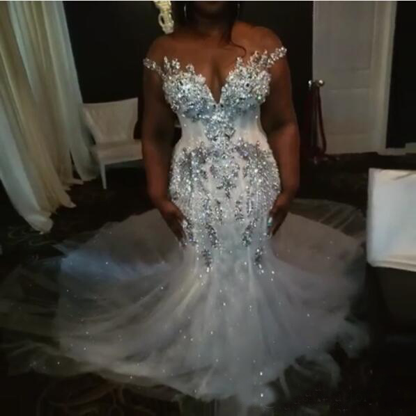 

Plus Size Luxury Rhinestones Mermaid Wedding Dress Backless Robe de mariee Applique Beaded Crystals Bride Gowns Bridal Dresses Sheer Neck, White
